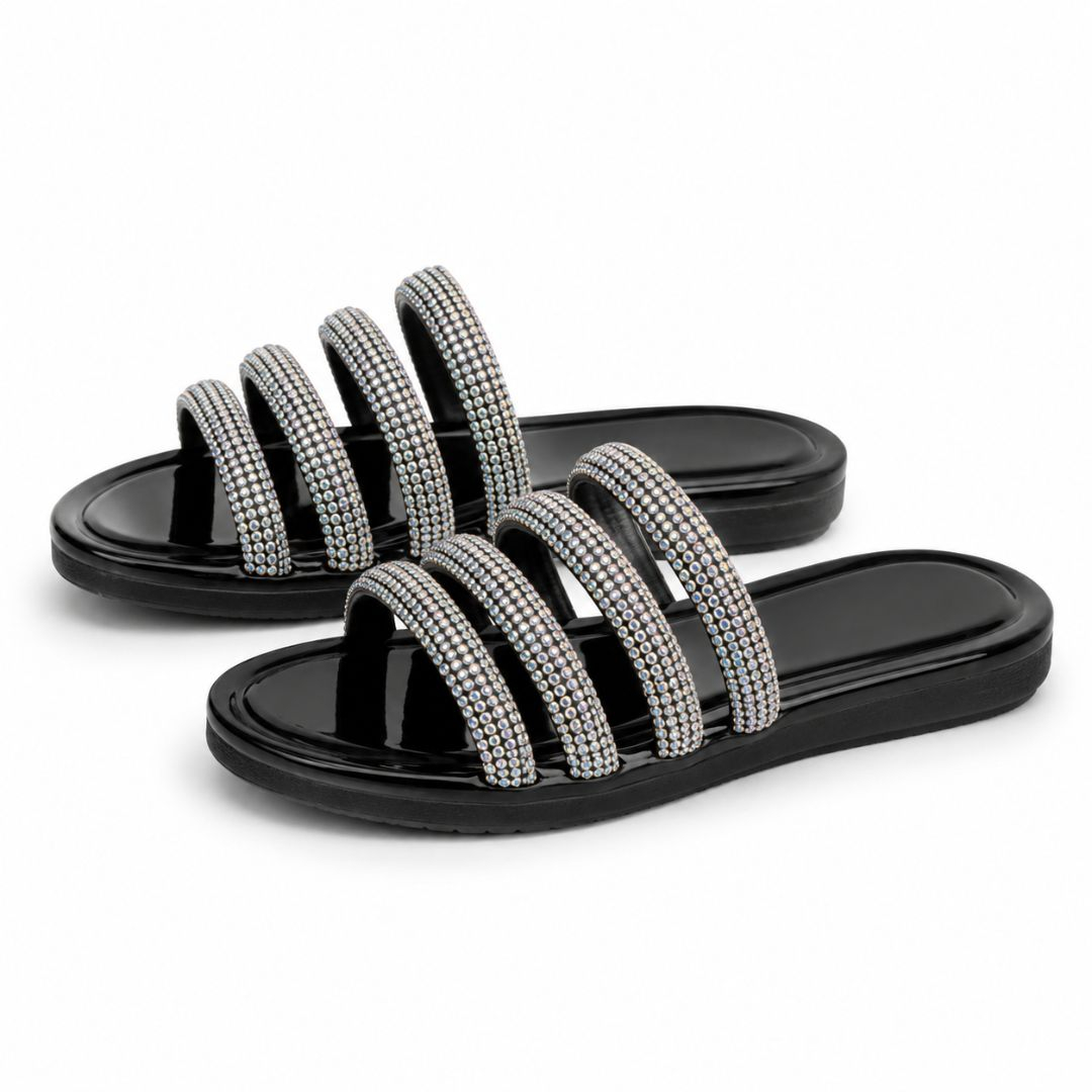 Black Rhinestone Strap Slide Slippers